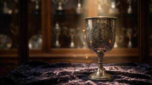 Close-up of a tarnished antique silver goblet with engraved classical figures and a laurel wreath, resting on dark purple velvet cloth in front of a blurred trophy display case.