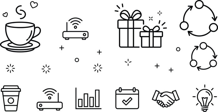 Business and lifestyle line icons set featuring coffee cup wifi router gift box chart calendar handshake lightbulb elements