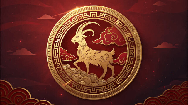 Gold goat zodiac symbol on red background with clouds and mountains