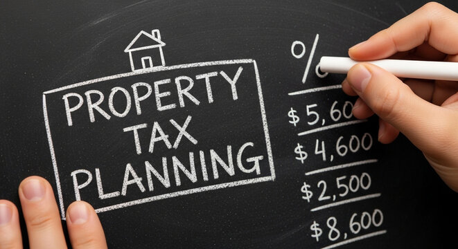 Property Tax Planning written on a chalkboard with calculations and a house icon