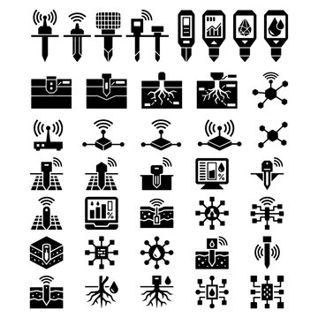 Soil moisture telemetry probe and nutrient biosensor grid icons set