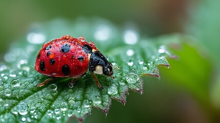 Fototapeta premium A ladybug sits on a green leaf covered in water droplets in a natural setting