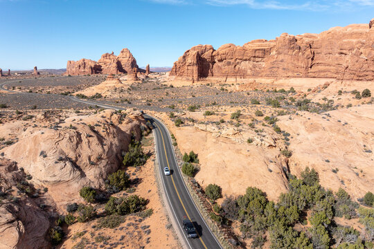 Aerial view of the natural geological landscape of Arches National Park, Utah, USA.