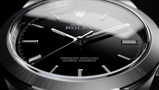 Macro close-up of a luxury black dial watch with elegant silver hands and minimalist markers