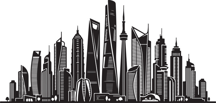 Kuwait City skyline, black and white vector illustration, modern architecture, cityscape silhouette