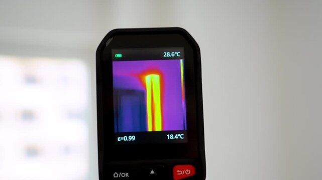 Close-up of thermal imager screen shows temperature differences in an indoor space. Yellow and red hues indicate warmer areas, blue marks cooler zones. Numerical data like 27.5C