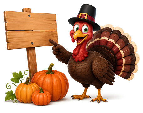 Cute Thanksgiving turkey mascot illustration. Cartoon turkey with wooden sign and pumpkins. Holiday character design