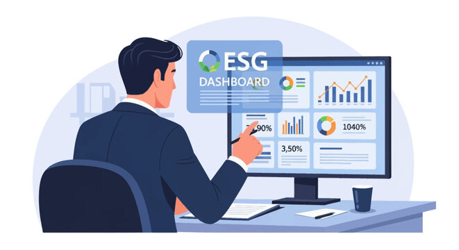 Businessman sitting at a desk analyzing an ESG dashboard on a computer monitor featuring environmental, social, and governance data metrics with various bar charts and pie graphs.