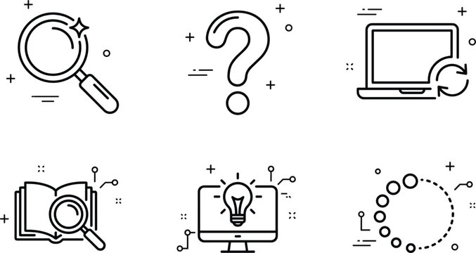 Search help and tech solution line icons set featuring magnifying glass question mark laptop book lightbulb loading progress
