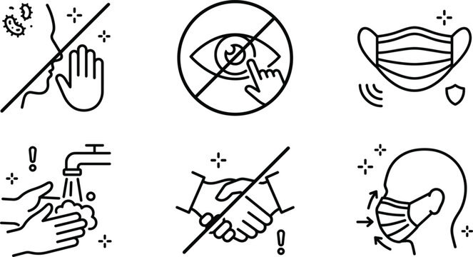 Virus prevention hygiene safety line icons set with medical face mask hand washing no handshake and protection symbols