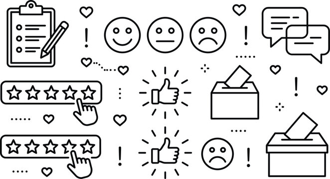Customer feedback and survey line icons set with clipboard star rating thumbs up ballot box and speech bubbles