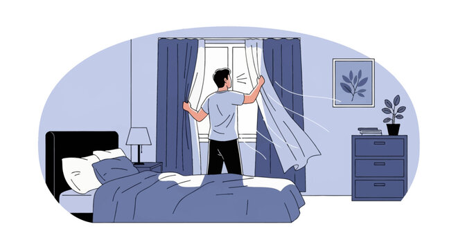 A man stands in a bedroom opening blue curtains to let fresh air and wind inside. The room features a bed, nightstand, lamp, dresser with plant, and framed art on the wall.