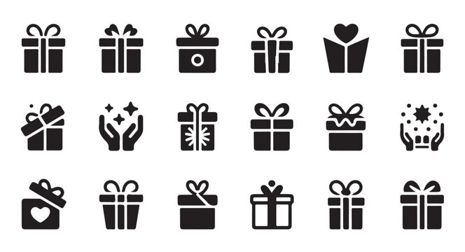 Gift icons, including open box, hands holding stars, and various present box designs.