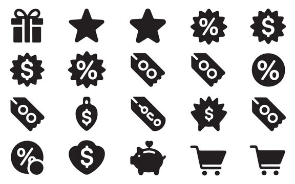 Shopping discount icons set with sale tags price stickers and retail promotion elements.