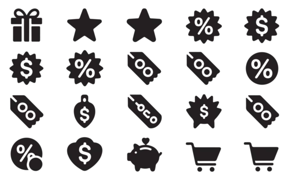 Shopping discount icons set with sale tags price stickers and retail promotion elements.