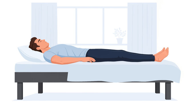 Vector illustration of a young man lying supine on a bed with eyes closed, practicing progressive muscle relaxation or body scan meditation in a bright, minimalist room.