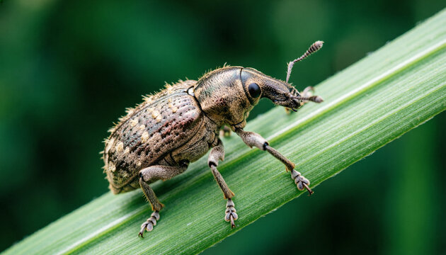 Macro photograph of a textured brown weevil beetle resting on a bright green blade of grass against a blurred background