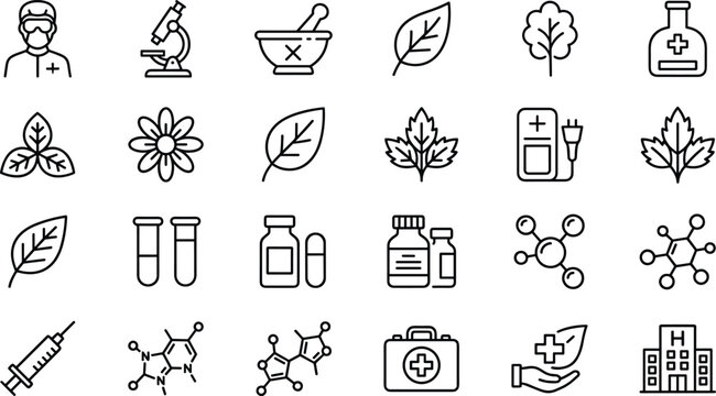 Herbal Medicine and Scientific Laboratory Line Icon Set with Leaves Molecules Microscope Mortar and Healthcare Symbols for Design