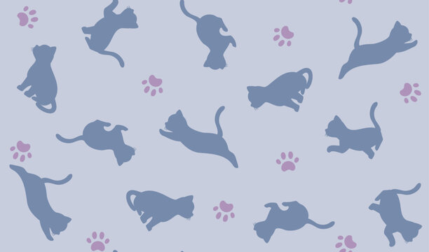 走る・歩く子猫のシルエットと肉球 動きのあるポーズ シームレスパターン素材 / Seamless pattern with running and walking kitten silhouettes and paw prints, dynamic pose