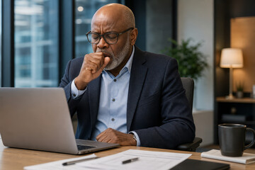 Obraz premium An elderly african american man with glasses coughs into his hand while working on a laptop in an office.