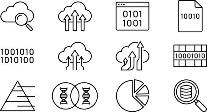 Minimalist Big Data Icon Set Featuring Linear Cloud Computing Binary Code Science Analytics And Database Storage Symbols For Graphic Vector Designs