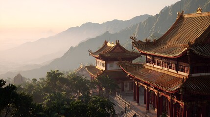 Fototapeta premium Traditional chinese temple with ornate roofs and mountain backdrop background