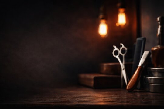 Scissors, combs, and other barber tools are arranged on a wooden table with warm lights creating an inviting atmosphere in a grooming area.
