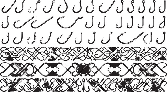 Fishing Hook Vector Set with Decorative Hook Patterns, Angling Tackle Shapes and Marine Ornament Illustrations