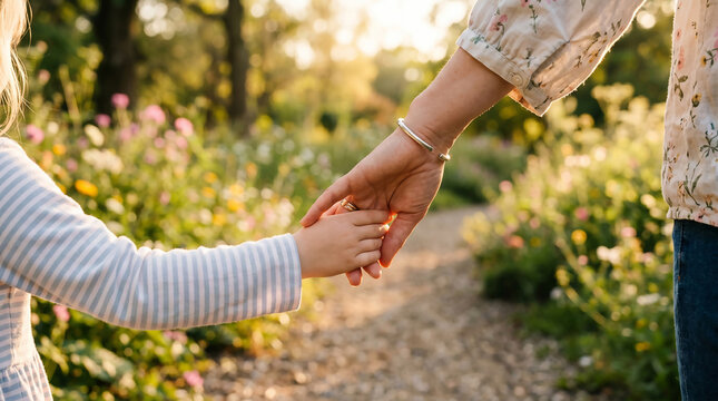 Mother and Child Holding Hands in Garden, A close-up view of a mother and her young child holding hands while walking along a path in a sunlit garden, showing love and guidance, Mother's day concept