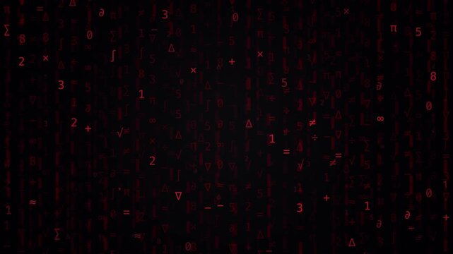 Red Digital Matrix Rain with Falling Mathematical Symbols and Numbers