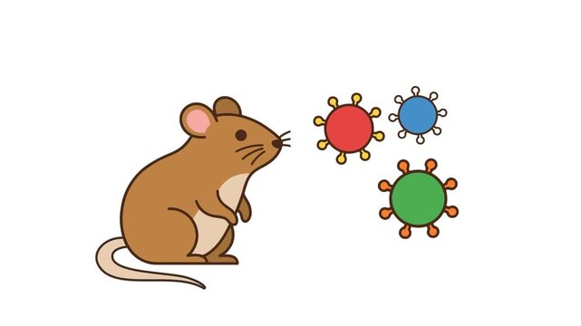 Vector illustration of a brown rodent shedding hantavirus particles against a white background, static shot.