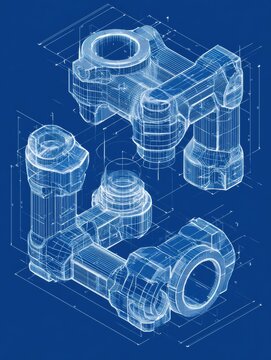 This illustration displays an exploded isometric view of a geometric mechanical joint assembly featuring fine linework on a blue background.