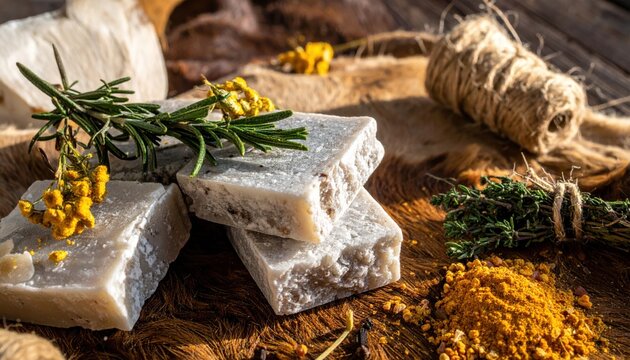 Rustic artisanal soap blocks with herbal elements stacked on animal hide