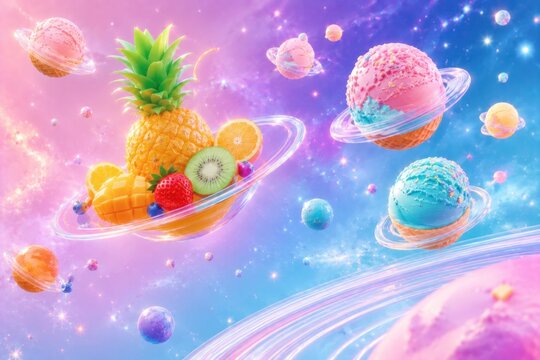 floating ice cream planets orbiting around tropical fruits in pastel outer space, surreal summer dessert universe, glossy modern 3d render