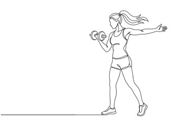 Fototapeta premium Woman exercising with dumbbells, fitness and healthy lifestyle concept. Minimal monoline illustration, black outline art