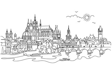 Fototapeta premium Continuous one line drawing of historic city skyline with river and cathedral buildings, travel illustration