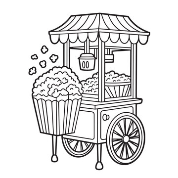 Classic vintage popcorn cart machine with fresh popcorn bucket line art drawing, illustration