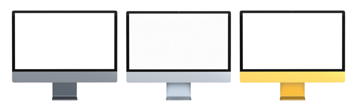 Set of modern desktop computers with blank screens, matching keyboards and mice, isolated on white background