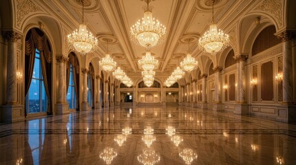 Fototapeta premium Grand hall with opulent chandeliers reflects on marble floor beneath arches and large windows