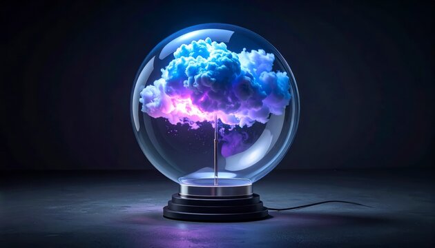An iridescent cloud of compressed atmospheric gases glowing vibrantly within a clear glass sphere.