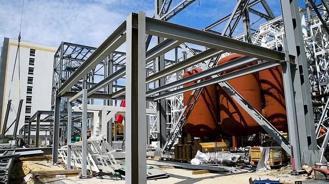 A building structure made of metal beams forming the frame of a building or structure, against a blue sky background.