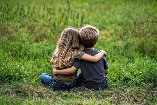 Young boy and girl, two children sitting together in the lush green grass while embracing each other with warm affection during a bright and peaceful sunny day outdoors in nature, back view