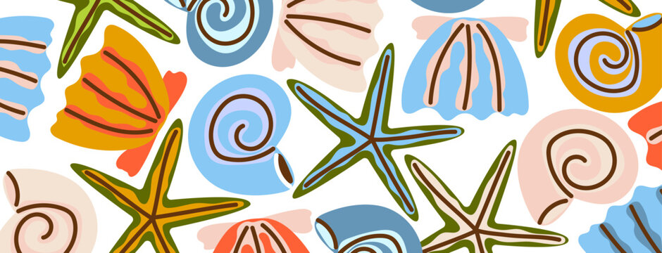 Seashell vector background. Bright sea shells, starfish and mollusk in modern doodle style. Summer ocean coast frame for banner, invitation, poster template