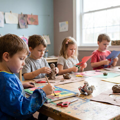 Obraz premium Children create art together in a classroom during a fun activity with paper and clay in the morning light