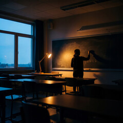 Fototapeta premium Student writes on chalkboard in empty classroom during late evening hours