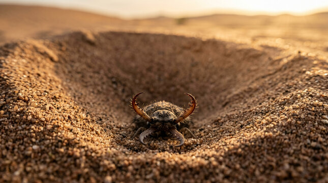 Macro of a predatory antlion insect at the bottom of a sand pit
