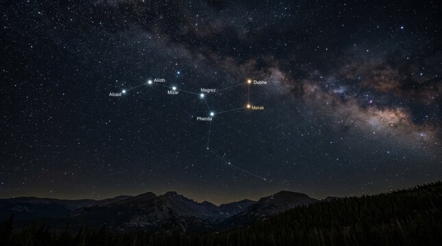 Constellation Ursa Major featuring Big Dipper asterism with labeled stars Alcaid Mizar Alioth Megrez Phecda Merak Dubhe over mountain peaks and Milky Way galaxy night sky astrophotography.