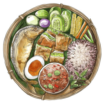 Thai Nam Prik Kapi Shrimp Paste Dip with Vegetables Watercolor Illustration