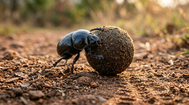 Black dung beetle rolling a large round dung ball on a dirt path