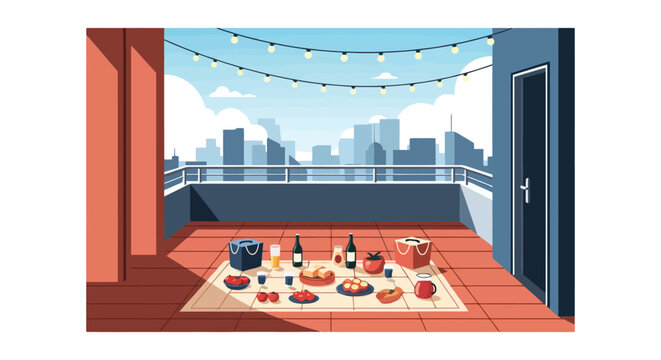 Rooftop picnic setup with food and drinks on a blanket.